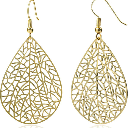 14K Gold Plated Silver Rose Gold Teardrop Filigree Dangle Earrings Lightweight Leaf Drop Earrings for Christmas Gift