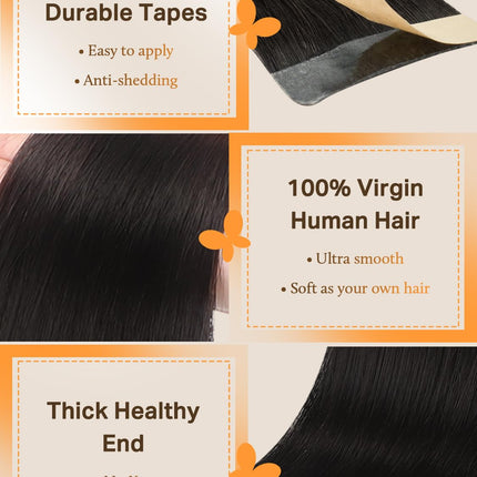 DOORES Human Hair Extensions, Jet Black 20 Inch 50g 20pcs, Tape in Hair Extensions Skin Weft Seamless Tape in Real Remy Straight Hair for Women