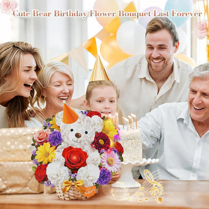 MZD8391 Birthday Cards with MUSIC & LIGHTS, Happy Birthday Card, Bear & Daisy, 10 Inch Life Sized Forever Flower Bouquet 3D Pop Up Greeting Card for Wife Mom Daughter Grandma Women