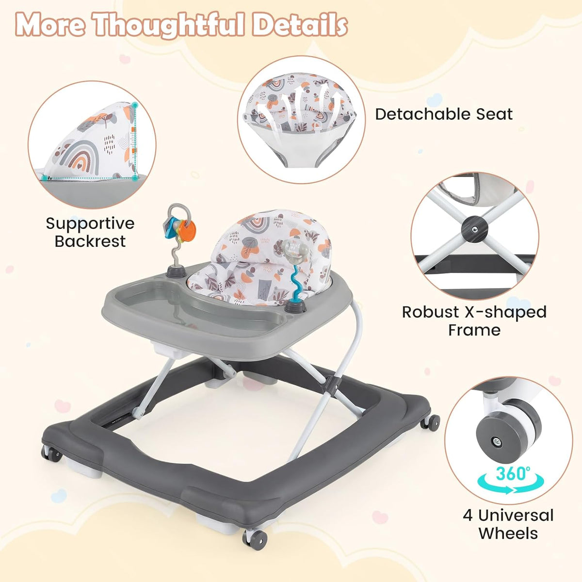 Baby Walker, Foldable Activity Walker with Adjustable Height, Large Tray & Removable Toys, Baby Walker - photo 4