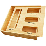 Bag Storage Organizer for Kitchen Drawer, Bamboo Organizer, Compatible with Gallon, Quart, Sandwich and Snack Variety Size Bag (1 Box 4 Slots)