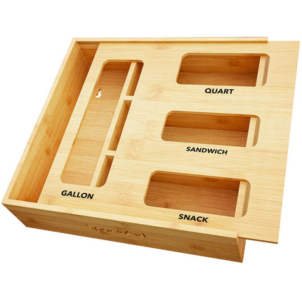 Bag Storage Organizer for Kitchen Drawer, Bamboo Organizer, Compatible with Gallon, Quart, Sandwich and Snack Variety Size Bag (1 Box 4 Slots)