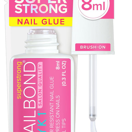 Super Strong Nail Glue for Press On Nails, Nail Tips & Acrylic Nails (8ml) NYK1 NailBond Brush On Glue for Press Ons, Tips & Acrylics - Long Lasting, Maximum Strength, Mess-Free Application