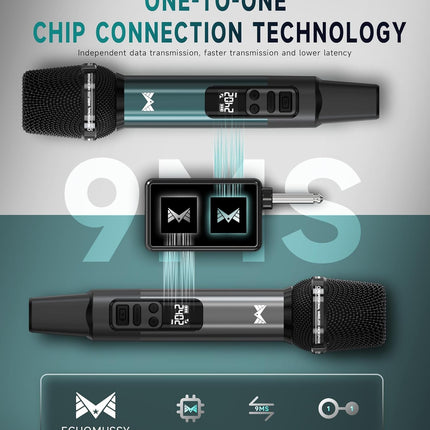 Wireless Microphone, Metal Dynamic Wireless Microphones with One-to-One Chip Connection and Rechargeable Receiver, 40H Duration, 200FT Range Receiving, Volume Control Karaoke Microphone for Singing