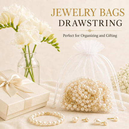 50PCS Organza Bags 5 x 7, White Small Gift Mesh Bags Drawstring Bulk