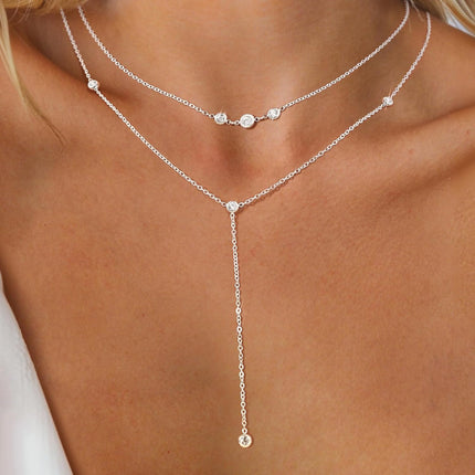 DALI Long Gold Necklaces for Women, Dainty Layered Lariat Sterling Silver Plated Y Shaped Necklace Stack Non Tarnish Cross CZ Pendant Long Chain Choker Adjustable Necklaces Jewelry for Vacation Christmas