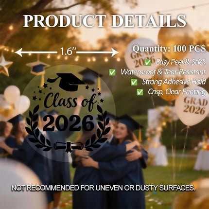 100pcs Class of 2026 Graduation Stickers, Clear Waterproof Round Foil Stickers for Graduation Party, Envelope Seals, Congrats Gifts & Decorations (Class of 2026, Clear Black Foil)