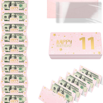Pink 11th Birthday Money Envelope for Cash Gift Holder with Greeting Card for Girl Women Surprise Gift Idea with Clear Plastic Bag