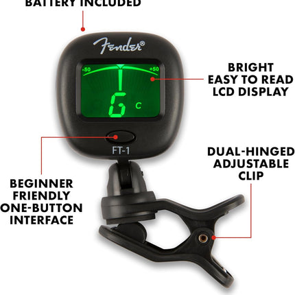 Fender FT-1 Professional Guitar Tuner Clip On, with 1-Year Warranty, Full-Range Chromatic Guitar Tuner with Dual-Rotating Hinges, A4 Calibration