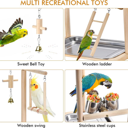 Natural Wood Parrot Playground Perch Stand with Feeder Cups, Tray, Ladder, Swing & Bells, Play Gym for Top of Cage, Cage Accessories for Lovebirds, Cockatiels, Parakeets