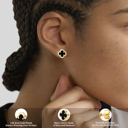 Elegant Black Onyx Clover Stud Earrings, 14K Gold Plated Four Leaf Hypoallergeinc Stud Stainless Steel Flower Earring Lucky Simple Jewelry Gift for Women Shiny Multiple Onyx Colors