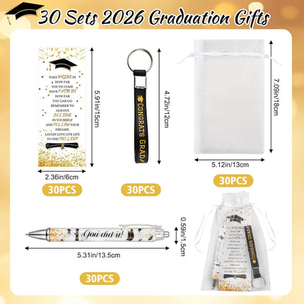 120 Pcs Graduation Gifts Bulk Class of 2026 Graduation Party Favors, 30 Ballpoint Pens 30 Bookmarks 30 Keychains 30 Organza Bags for University College Middle Senior High School Graduates Grad Party