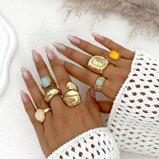 Chunky Gold Square Knuckle Finger Ring Set for Women,Vintage Colored Rhinestone Statement Finger - photo 2