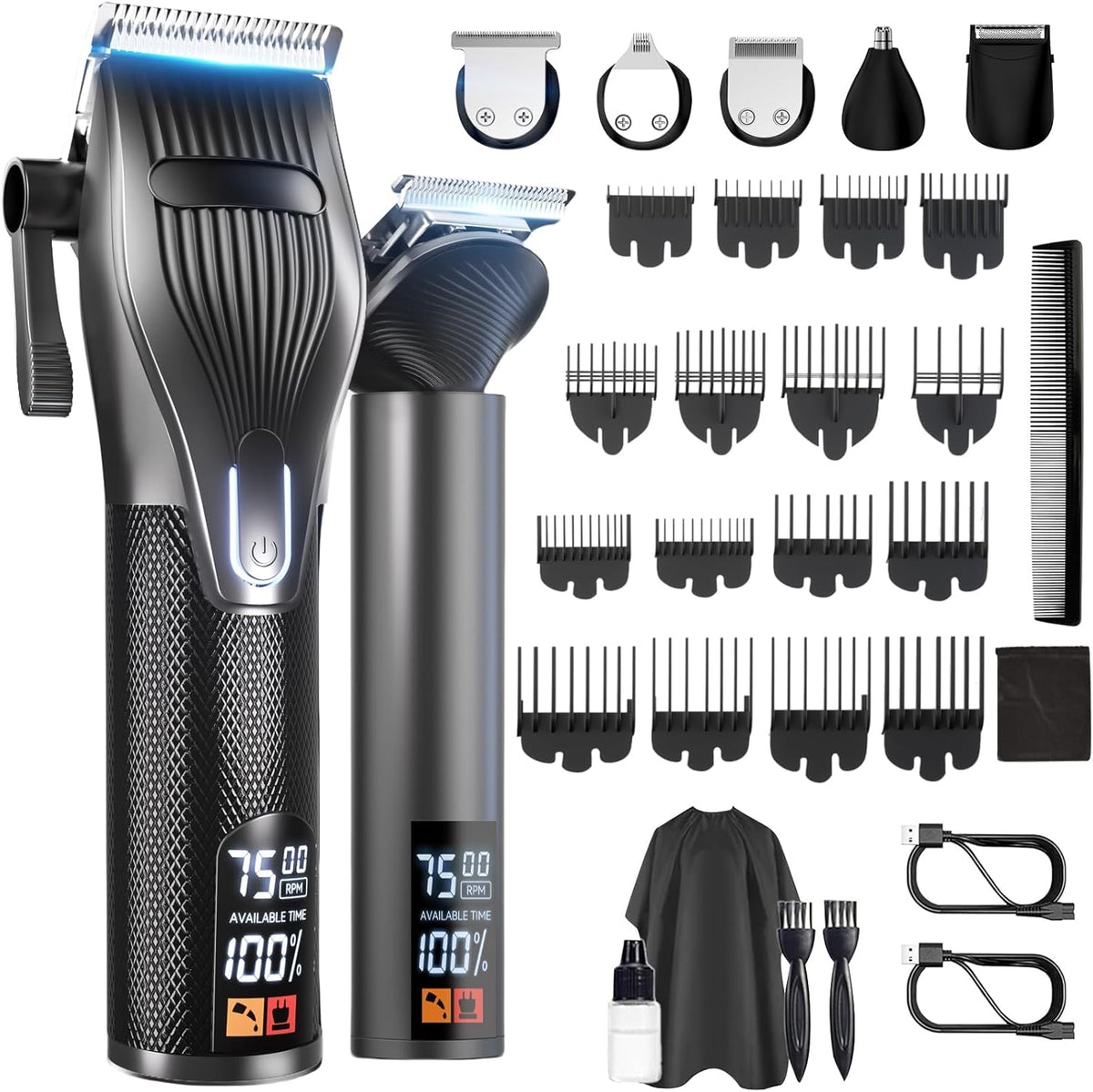 Hair Clippers for Men, Professional Cordless Hair Cutting and Trimmers Set with 7500RPM Powerful Motor & LCD Display, Mutil Function Mens Electric Hair Grooming Shaver Kit for Nose, Face, Body, Beard
