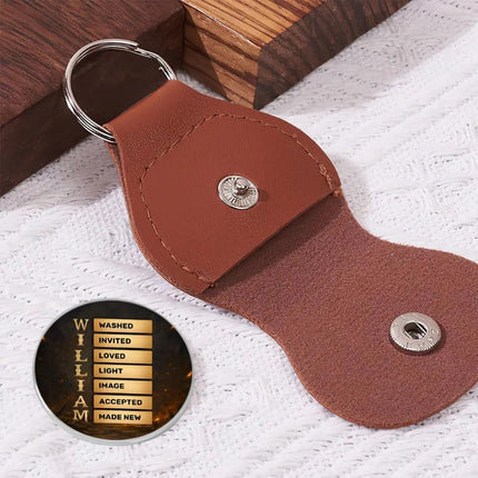 Man Of God Personalized Pocket Hug with Name in Bible Verse, Custom Christian Inspirational Coin Token with Leather Holder Keychain, Fathers Day Religious Faith Affirmation Gift for Dad, Husband (1)