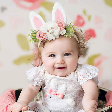 Baby Girls Flower Headband Easter Bunny Ears Nylon Hairband Cute Floral Rabbit Fairy Hair Accessories for Newborn Infant Toddler Kid