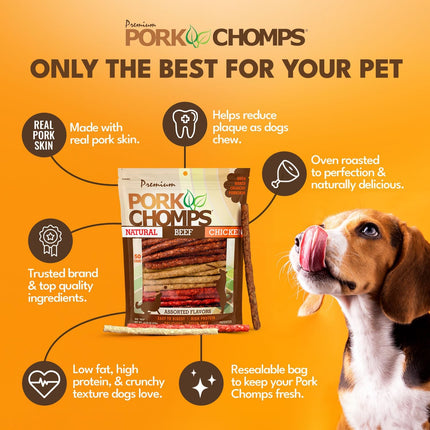 Pork Chomps Dog Chews, 5 Inch Munchy Sticks, 50 Count - Assorted Flavors: Roasted Pork, Chicken, & Bacon - Long-Lasting Treats for Dogs - High Protein, Low Fat, Healthy & Delicious Chews (1 Pack)