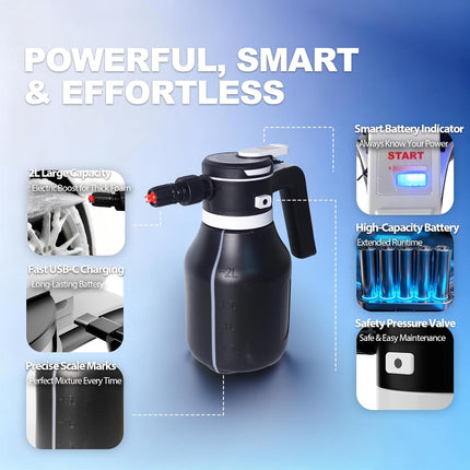 Electric Foam Sprayer for Thick Rich Foam, 2L Cordless Portable - Professional Pressurized Foam Cannon for Car Wash & Detailing, Rechargeable with Long Lasting Battery Black