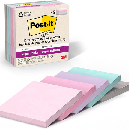 100% Recycled Paper Super Sticky Notes, 3 in. x 3 in., 5 Pads, 70 Sheets per Pad, Wanderlust Pastels, School Supplies and Office Products