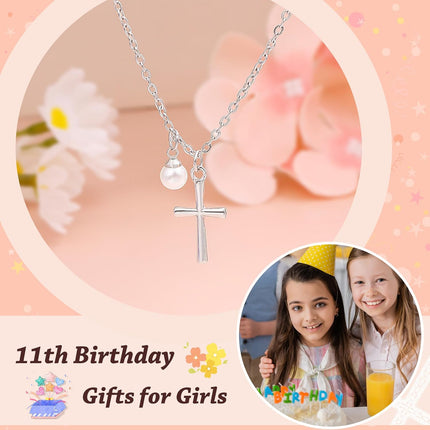 Sereney Happy Birthday Gifts for Girls, Silver Stainless Steel Necklace as 11 13 15 16 Year Old Teens Birthday Gift, Adjustable Cross Pearl Necklace Birthday Gifts for Daughter Granddaughter Niece Girls