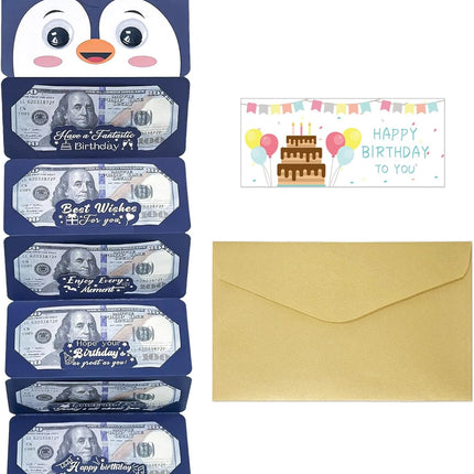Happy Birthday Money Envelope for Cash,Birthday Card Money Holder with 6 Slots,Surprise Gift for Men Women Girls Boys,Money Gift Idea.(Penguin)