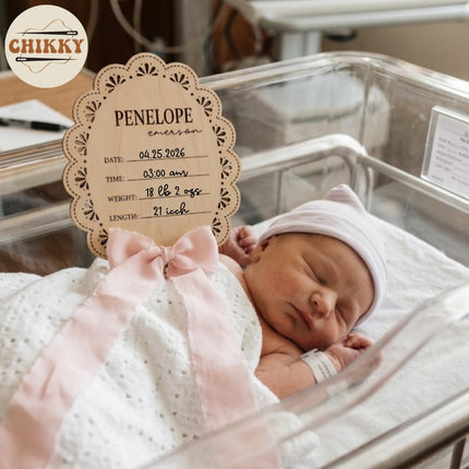 Personalized Wooden Baby Announcement Sign with Chiffon Bow - Custom Birth Stats Name Plate for Newborn Hospital Photo Prop - Nursery Wall Decor & Keepsake - 5, 6, 8, 10 Inch (05 - scalloped lace)