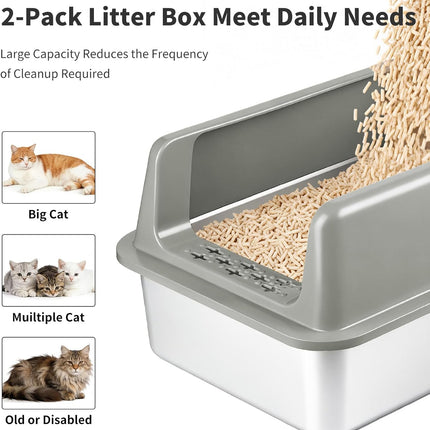 Kirecoo 2 Pack Stainless Steel Litter Box with Lid, Large Enclosed Metal Cat Litter Box Pan High Sided, Easy Clean Anti-Leakage Litterbox Tray for Indoor Big Cats, Kittens or Multicat, Scoop Included