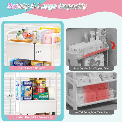 Baby Diaper Caddy Cart, 3 Tier Rolling Diaper Cart with Lockable Wheels for Nursery Essentials, Large Capacity & Easy Assemble Diaper Storage Organizer for Newborn,New Mom, White