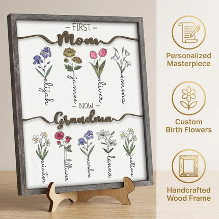 Mothers Day Gifts For Mom, Grandma, Customized Birth Month Flower with Names, Personalized Wood Plaque Wall Art Birthday Gifts Grandma Gifts From Grandkids ﻿