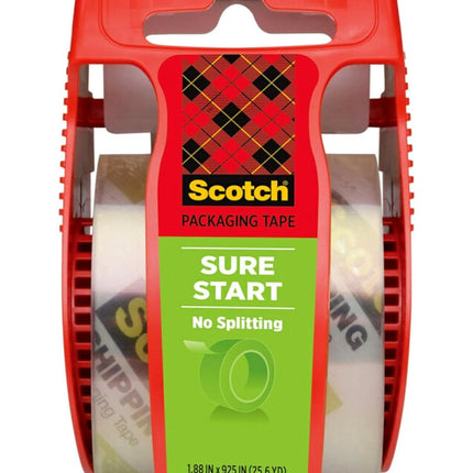 Scotch Sure Start Shipping Packaging Tape, 1.88" x 22.2 yd, Designed for Packing, Shipping and Mailing, Quiet Unwind, No Splitting or Tearing, 1.5" Core, Clear, 1 Dispensered Roll (145)