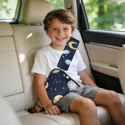 Kids Seat Belt Cover Pads, Soft Seat Belt Adjuster for Kids, Pea Pod Children Universal Shoulder & Belly Protective Padding, Breathable Car Seat Strap Cushion Covers for Boys Girls (Space)