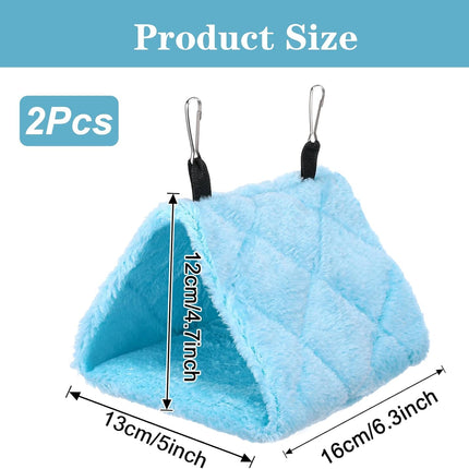 2 Pack Warm Bird Nest House, Triangle Shed Hut Parrot Sleeping Bed, Solid Color Blue Grey Hanging Cage Hammock, Birds Snuggle Cave Hideaway Tent Plush for Hamster Parrot Macaw Budgies Eclectus