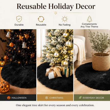 28 Inch Black Faux Fur Christmas Tree Skirt for Halloween Decorations