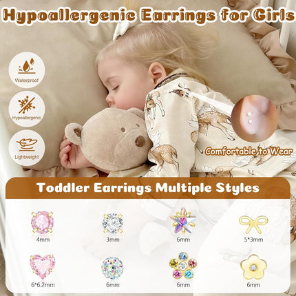 Hypoallergenic Earrings for Girls Women, 14k Gold Toddler Screw Back Earrings for Kids Baby Lightweight Surgical Stainless Steel Flower Bow Pink Heart Star CZ Flat Back Stud Earring for Sensitive Ears