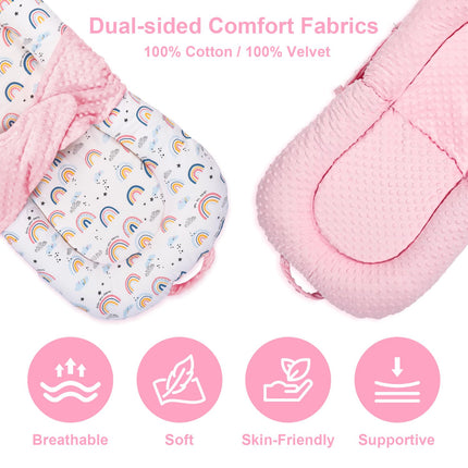 Baby Lounger, 3-in-1 Portable Infant Lounger for Newborns 0-24 Months, Foldable Tummy Time Pillow with Removable Cover, Dual-Sided 100% Cotton and Velvet, Ideal Baby Shower Gifts, Pink Rainbow