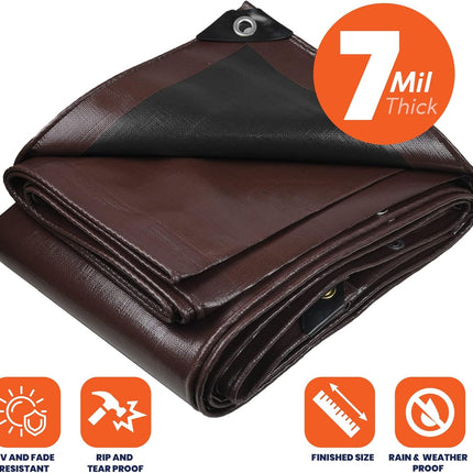 Tarpco Safety Heavy Duty 7 Mil Tarp Cover, Waterproof, UV Resistant, Rip and Tear Proof, Poly Tarpaulin with Reinforced Edges for Roof, Camping, Patio, Pool Cover, Boat (Brown/Black 24′ X 36′)