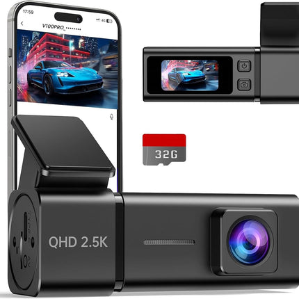 Dash Cam 2.5K Front Dash Camera for Cars with App, WiFi Mini Dashcam Built-in IPS Screen, Night Vision, G-Sensor, Smart Voice, Loop Recording, 24H Parking Mode, 32G SD Card Included, Support 256GB Max