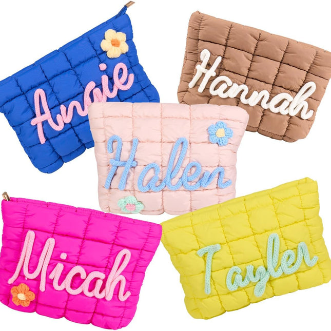 Quilted Makeup Bag with 3D Rope Embroidery, Custom Name Puffer Cosmetic