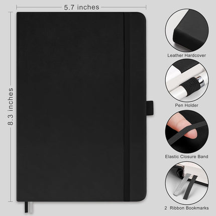 RETTACY Dotted Journal Notebook, 192 Pages, A5 Medium Size (5.7'' x 8.3''), Leather Hardcover, 100 GSM Thick Paper, for Journaling, Planning, Tracking (Black)