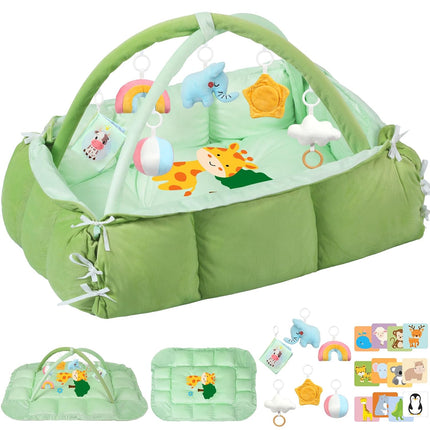 5-in-1 Tummy Time Mat Baby Activity Gym with Cartoon Pattern, Extra Thick Plush Play Floor Mat, Featuring Hanging Toys, Sensory Development Gym & Lovely Gift for Newborn Baby, Giraffe