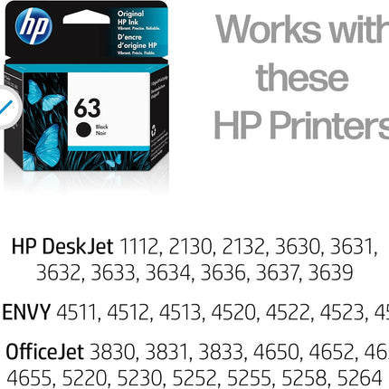 HP 63 Black Ink Cartridge | Works with DeskJet 1112, 2130, 3630; Envy 4510, 4520; OfficeJet 3830, 4650, 5200 Series | Eligible for Instant Ink | F6U62AN