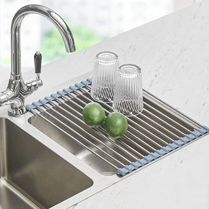 Escurridor enrollable para platos, escurridor sobre el fregadero, escurridor enrollable de cocina, tapete plegable de acero inoxidable para fregadero, 17.5x11.8
