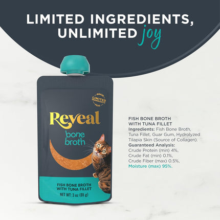 Reveal Natural Wet Cat Food, Limited and Natural Ingredients, Grain Free, High Protein with No Artificial Additives, Fish Bone Broth with Tuna Fillet (6 x 3oz Pouches)