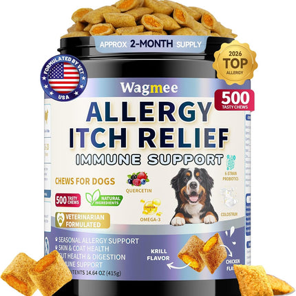 Dog Allergy Relief Chews - Dog Itching Skin Relief 500 Ct, Anti Itch Licking Paw & Yeast Relief, Itchy Skin and Ears for Seasonal Allergies, Probiotics Gut Digestive & Immune Support