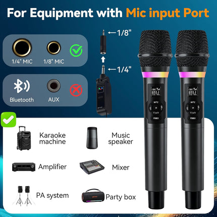 Wireless Microphone, Dual Handheld 2.4G Dynamic Mic with Rechargeable Receiver，Professional Karaoke Microphone, Dual Vocal Pickup with mute echo,treble,bass control, for Singing, Speech, PA System