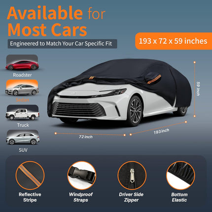 Waterproof Car Cover All-Weather, Heavy-Duty Outdoor Full Exterior Automobiles Snow Cover for Sedan 186-193 inch with Sun Visor,Zippered & Storage Bag - Black