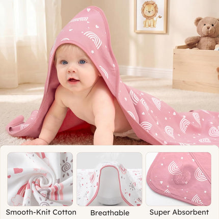 Hooded Baby Towels for Newborn,100% Cotton Baby Bath Towels with Hood for Infant Toddler Girl, 2 Pack 32x32 Inch Soft & Absorbent Knit Terry Bath Essentials Pink Rainbow