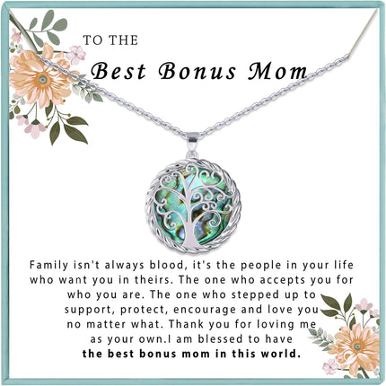 SmileBelle Tree of Life Necklace as Mothers Day Gift for Mom, Birthday Gifts for Stepmom as Bonus Mom Gift from Daughter, Grandma Present Silver Mother in Law Necklace as Tree of Life Jewelry