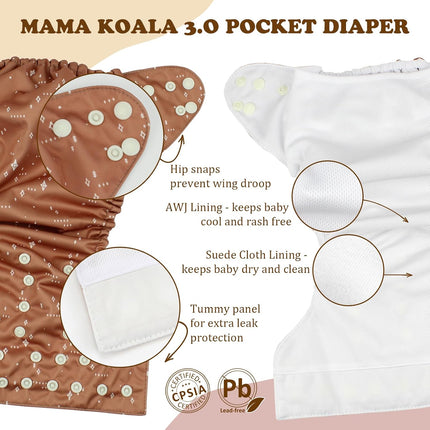 Mama Koala 3.0 Pocket Cloth Diapers for Babies with AWJ Lining, 6 Pack with 6 4-Layer Natural Cloth Diaper Inserts - Reusable and Washable Pocket Diapers(Simply Neutrals)