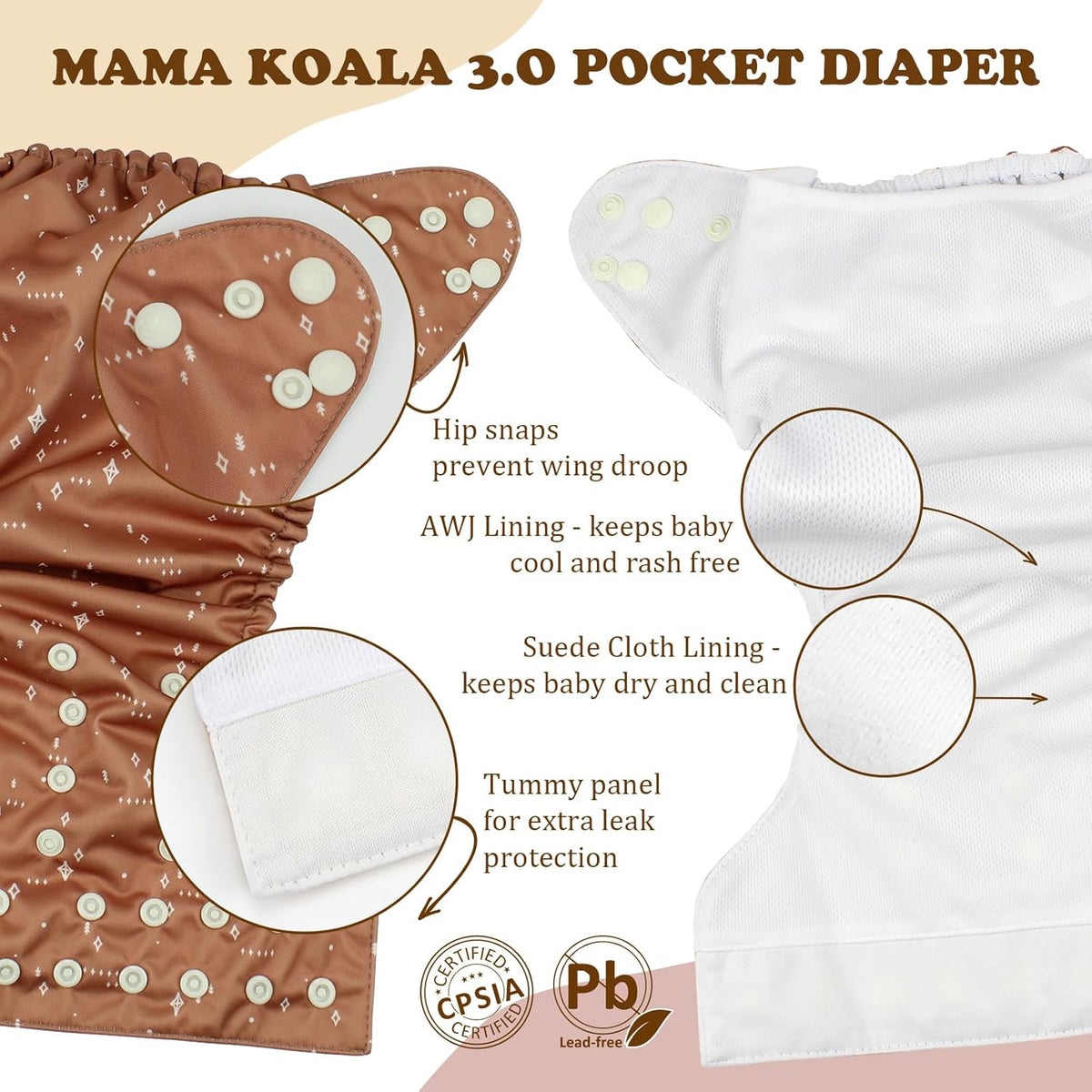 3.0 Pocket Cloth Diapers for Babies with AWJ Lining, 6 Pack with Inserts - Simply Neutrals - photo 5